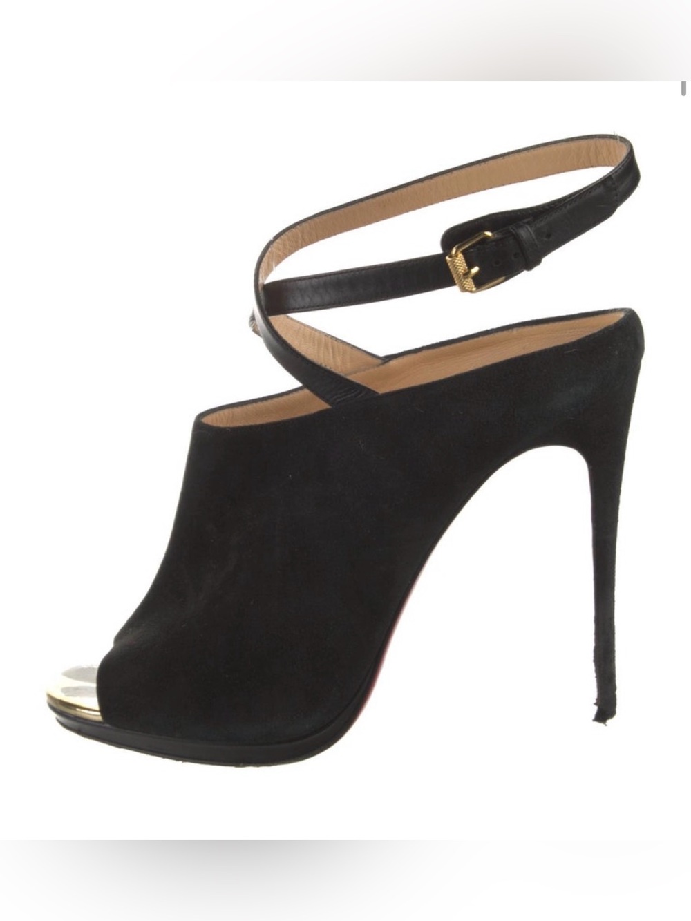 Christian Louboutin Black Suede Peep-Toe Ankle-crossstrap  Stiletto golden